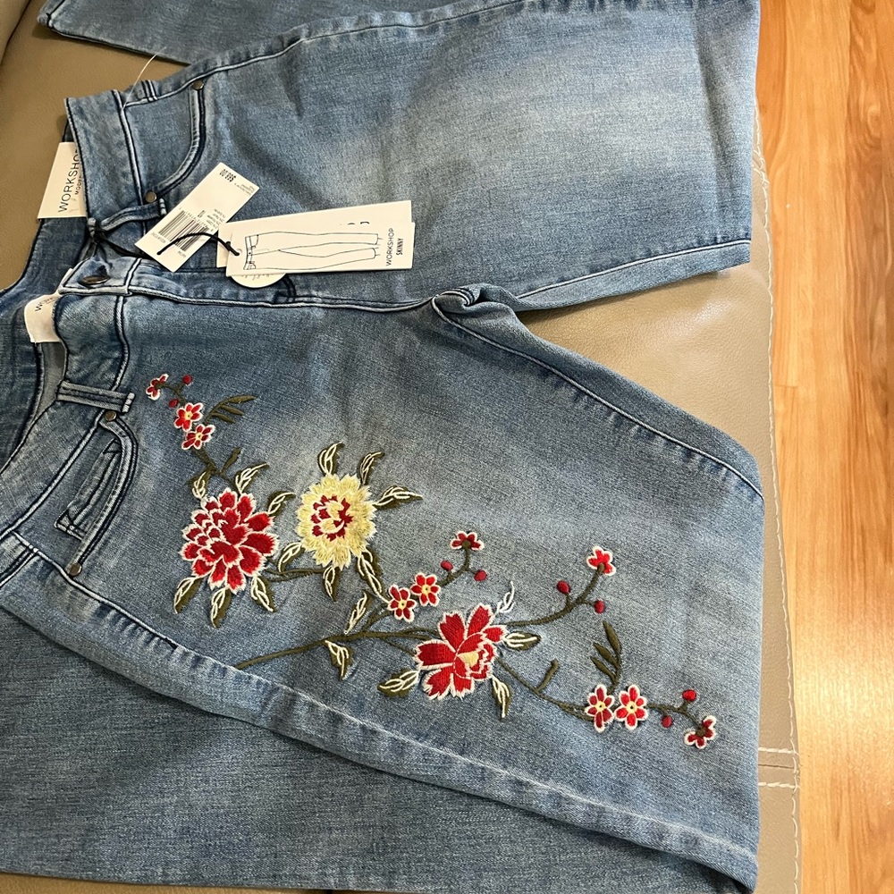 Workshop Republic Clothing Denim Jeans with Red Floral Embroidery
